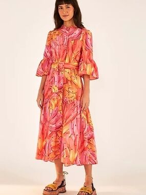Farm Rio Women Pink Ombre Bananas Midi Dress Basic Sleeved M